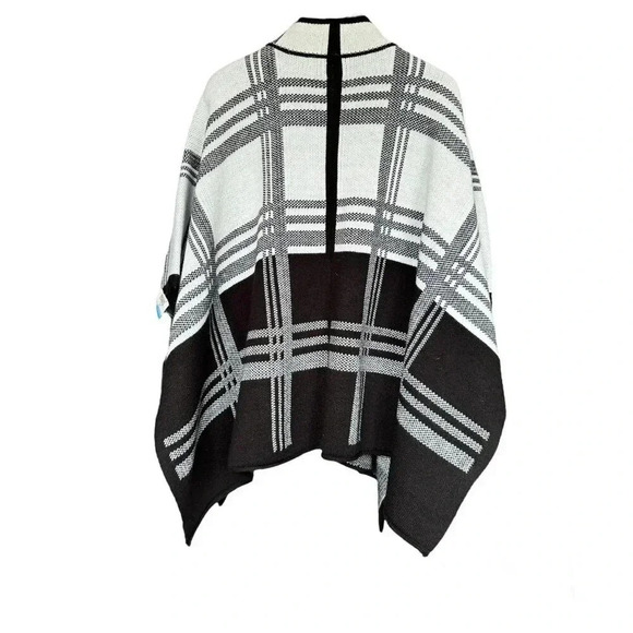 NWT Anne Klein Plaid Zip Front Poncho Sweater Black & White Womens size L - Picture 2 of 5